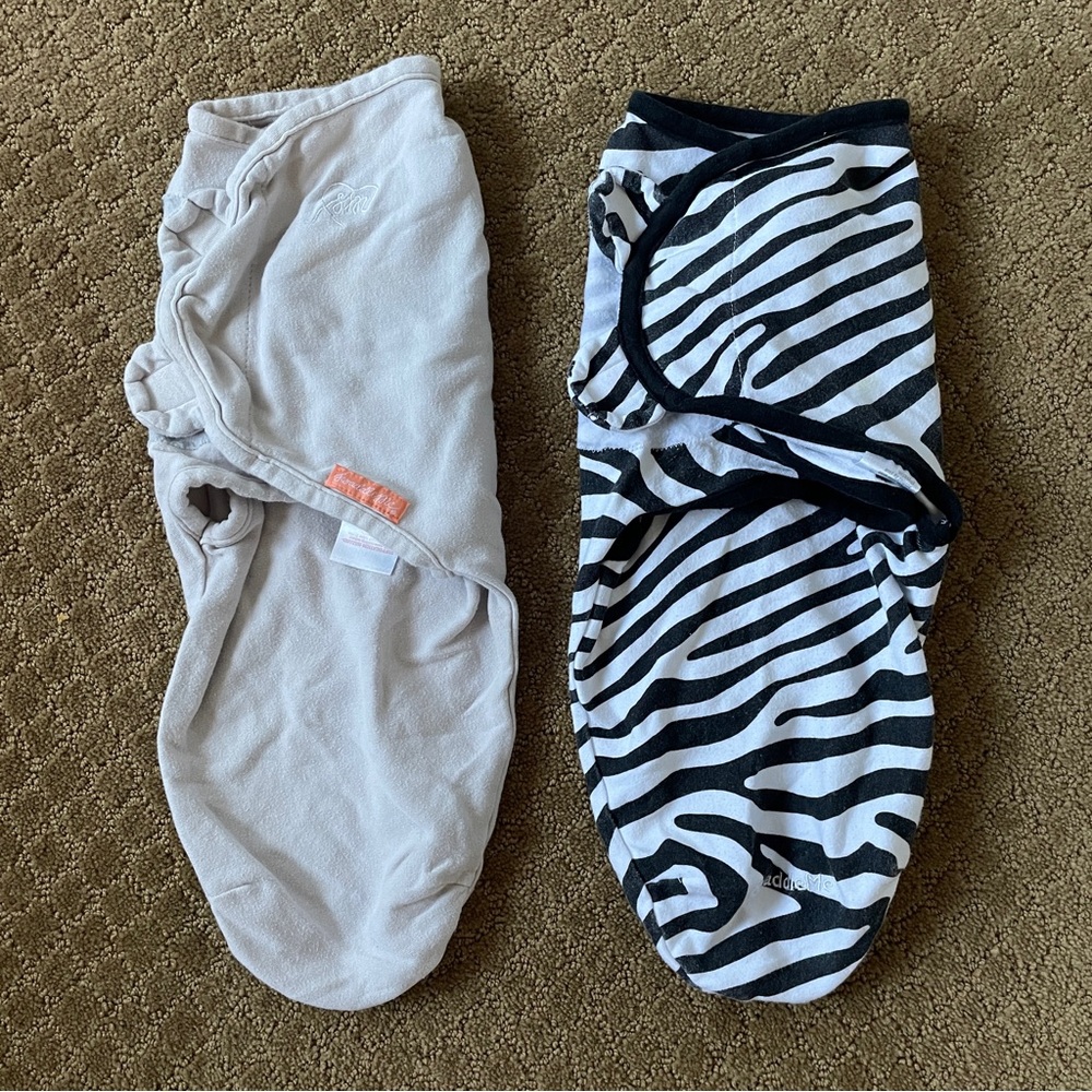Lot of 2 small swaddles/sleep sacks - tan and b&w stripe